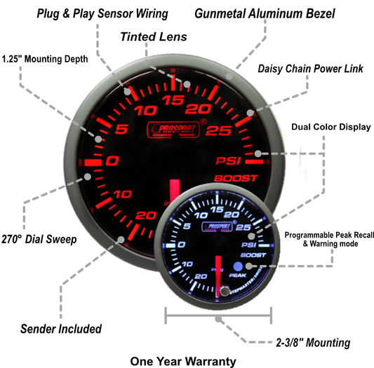 2-3/8" Amber/White Premium Electric Boost gauge