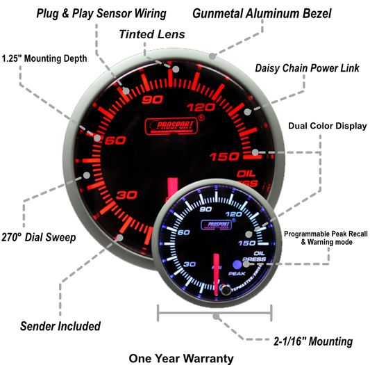 2-1/16" Premium Amber / White Oil Pressure Gauge