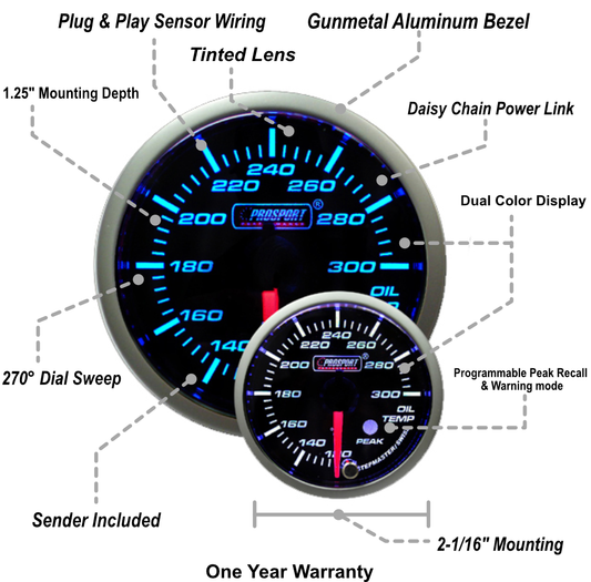 2-1/16" Premium Blue/White Oil Temperature Gauge