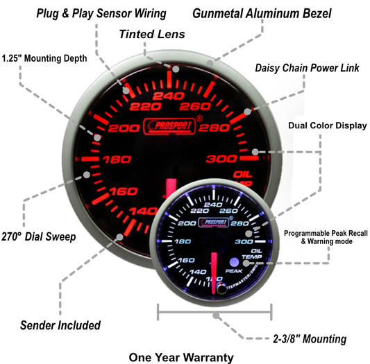 2-3/8" Amber/White Premium Oil Temperature Gauge