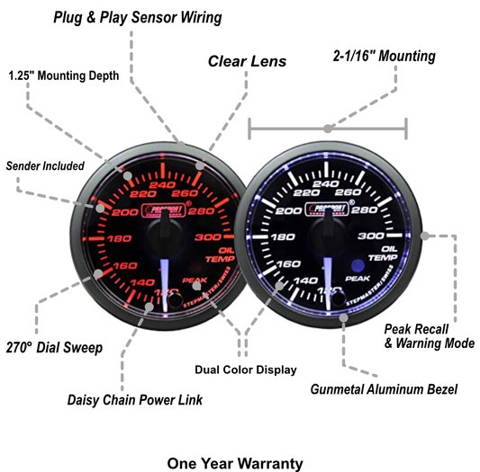 2-1/16" Premium White pointer Clear Lens Amber/White Oil Temperature Gauge-
