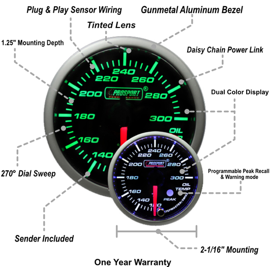 2-1/16" Green/White Premium Oil Temperature Gauge