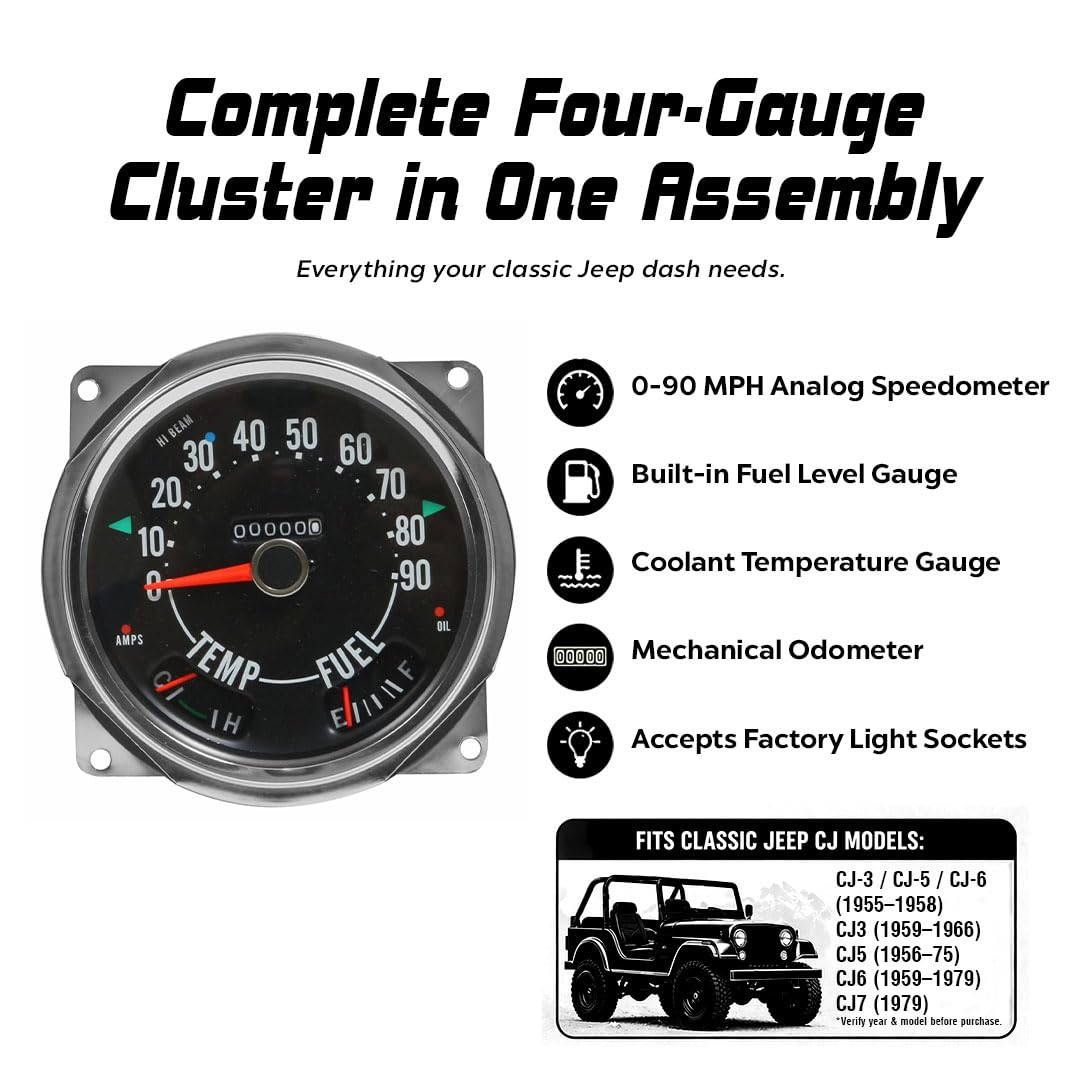 Jeep CJ 17206.04 Speedometer Cluster 0-90 MPH 1955-79 Jeep CJ3, CJ5, CJ6, CJ7