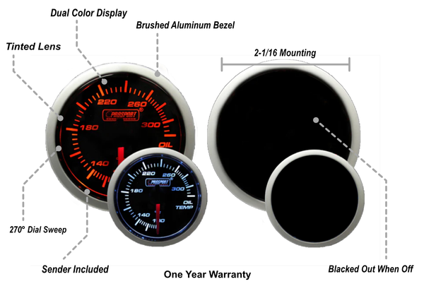 2-3/8" Amber / White -  Oil Temperature Gauge