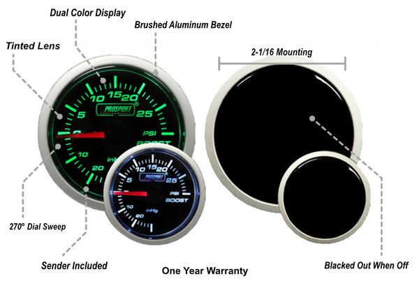 2-1/16" Green/White Electrical Boost Gauge
