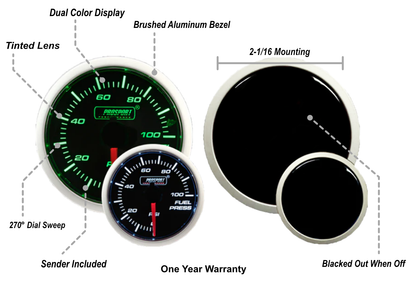 2-1/16" Green/White Fuel Pressure Gauge