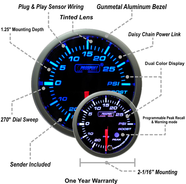 2-1/16" Premium Electric Boost gauge Blue/White