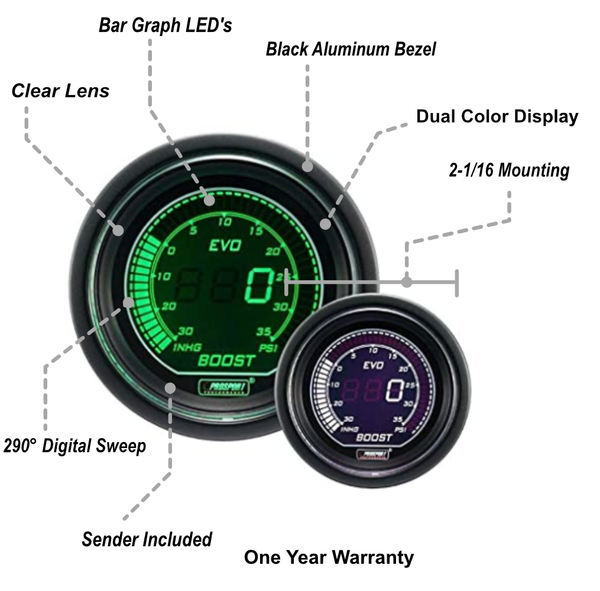 2-1/16" Evo Electrical Boost Gauge-Green and White