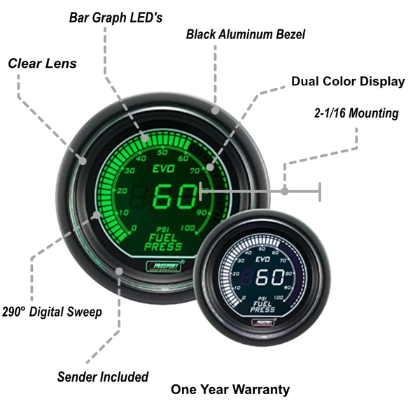 2-1/16" Evo Electrical White and Green Fuel Pressure Gauge