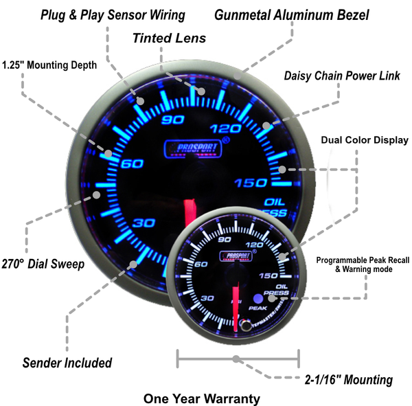 2-1/16" Premium Blue/White Oil Pressure Gauge