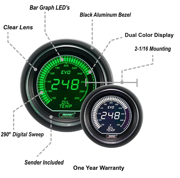 2-1/16" Evo Electrical Green and White Oil Temperature Gauge-