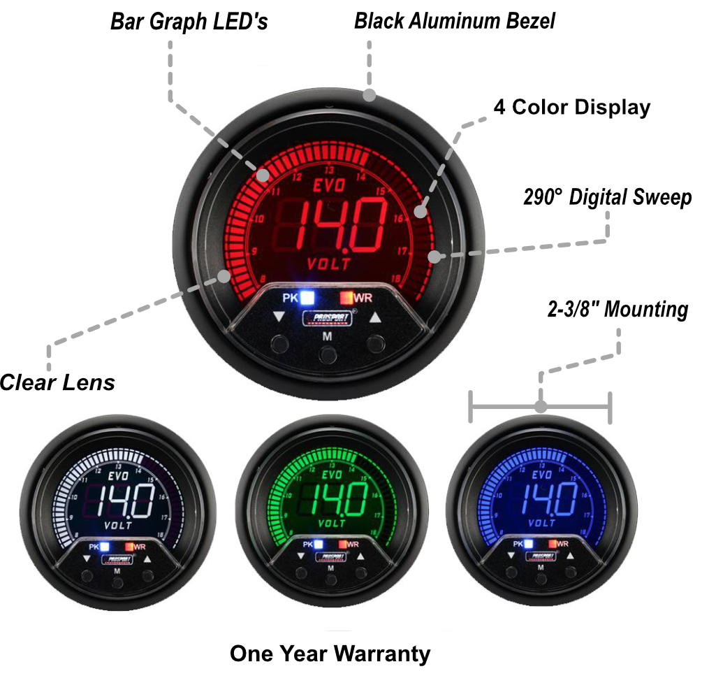 Prosport 23/8" Digital Premium EVO series electrical Volt gauge with