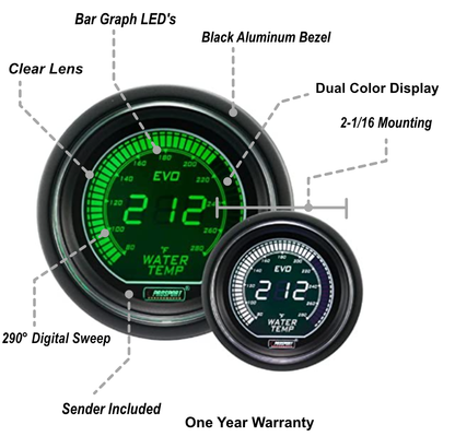 2-1/16" Evo Electrical Green and White Water Temperature Gauge-